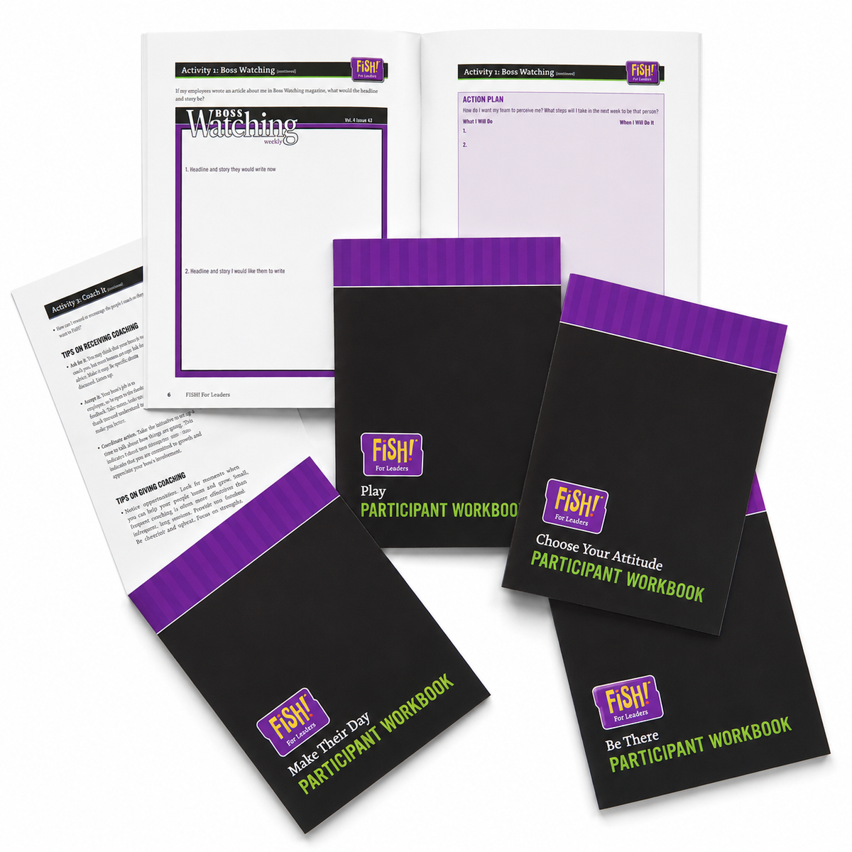 The FISH! For Leaders Participant Workbook Set gives each leader the complete six-workbook toolkit used in live FISH! For Leaders sessions — the same essays, activities, and personal action plans that have helped tens of thousands of managers build cultures of trust, energy, and accountability.
