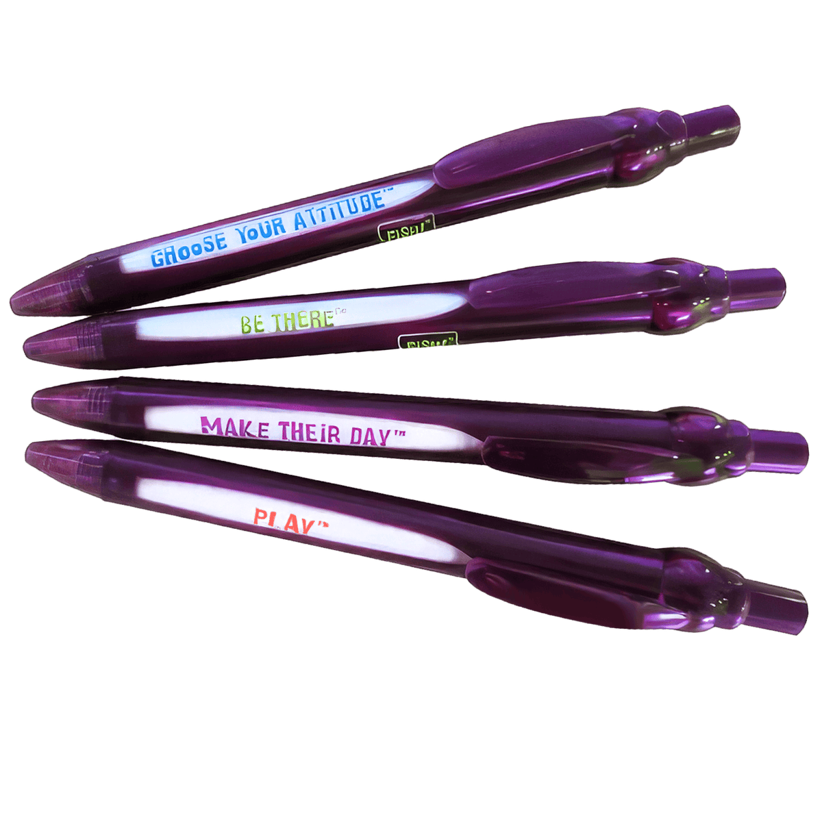 Bring the Fish Philosophy into every moment with these window click pens—each click revealing a new reminder: Be There, Play, Make Their Day, and Choose Your Attitude. Designed to turn a simple habit into intentional action, they create quick resets throughout the day, helping individuals stay aligned with how they show up. Subtle yet engaging, they reinforce the philosophy without interrupting workflow.